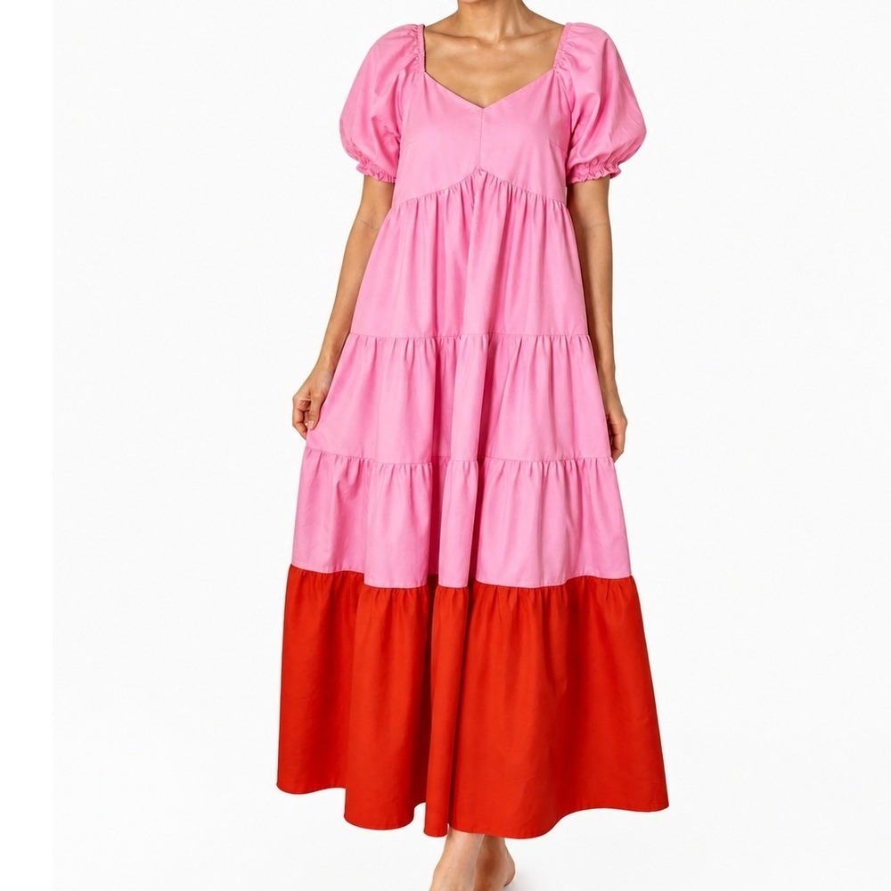 *NWT* DressUp Maxi Dress Womens S Pink Red Colorblock Puff Sleeve Smocked Tiered